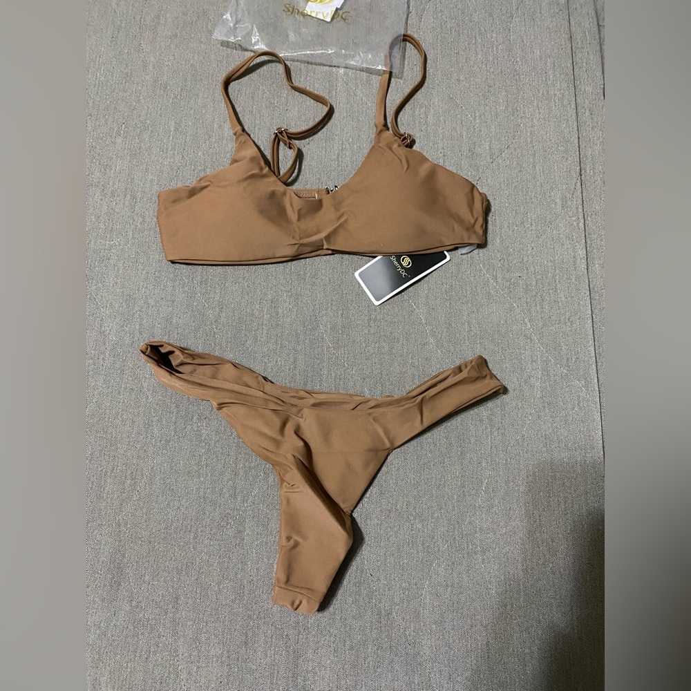SherryDC brown two piece bikini lace up Brazilian thong
